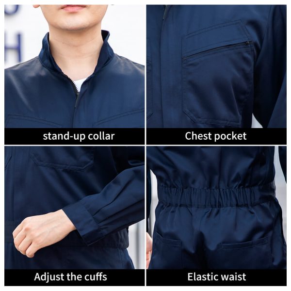 Polyester-cotton stand-up collar coveralls